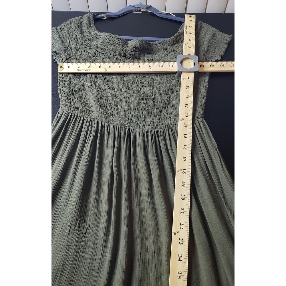 Windsor Dress L Olive Green Smocked Maxi Cap Sleeve‎ Side Slit Rayon Casual Boho - Picture 7 of 8